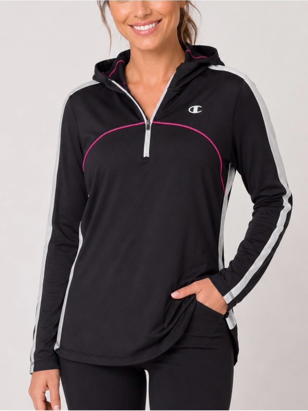 Champion Black Hooded Quarter-Zip Pullover Pink Piping Vapor performance Max LG